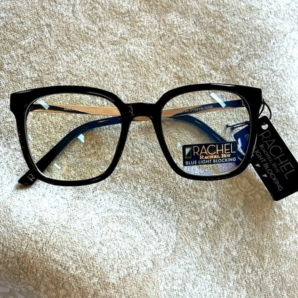 Brand New Rachel Roy Blue Light Blocking Round Glasses Black Frame Gold Tone Arm